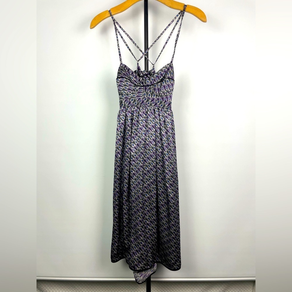 Anne Leman Black Purple Peacock Feather Print‎ Strappy 100% Silk Flowy Dress
